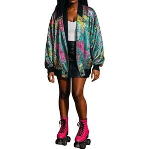 Vintage 80s Mighty Abstract Art Print Bomber Jacket Korea Colorful Satin bold OS